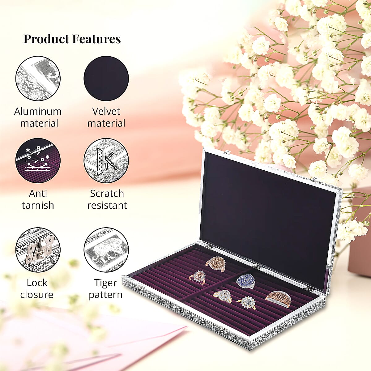 Oxidized Aluminum Tiger Embossed Big Jewelry Box with Anti Scratch Velvet Lining, Anti Tarnish Multipurpose Jewelry Organizer with Ring Rows image number 3