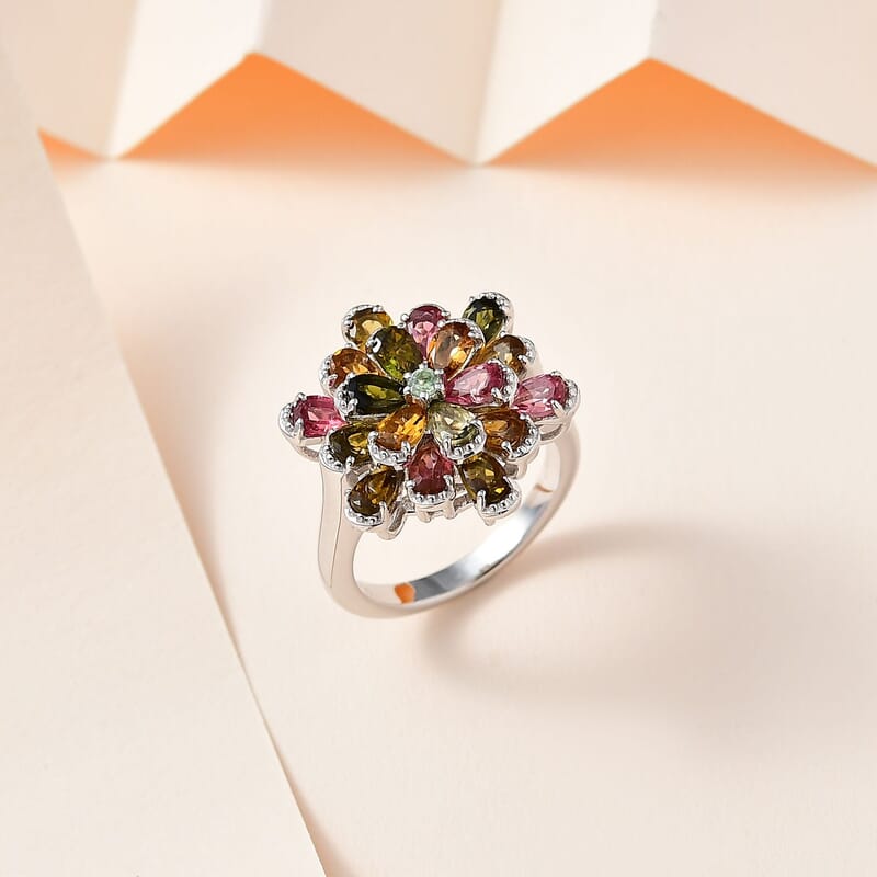 Multi-Tourmaline Flower Ring in Platinum Over Sterling Silver (Size 10.0) 3.60 ctw