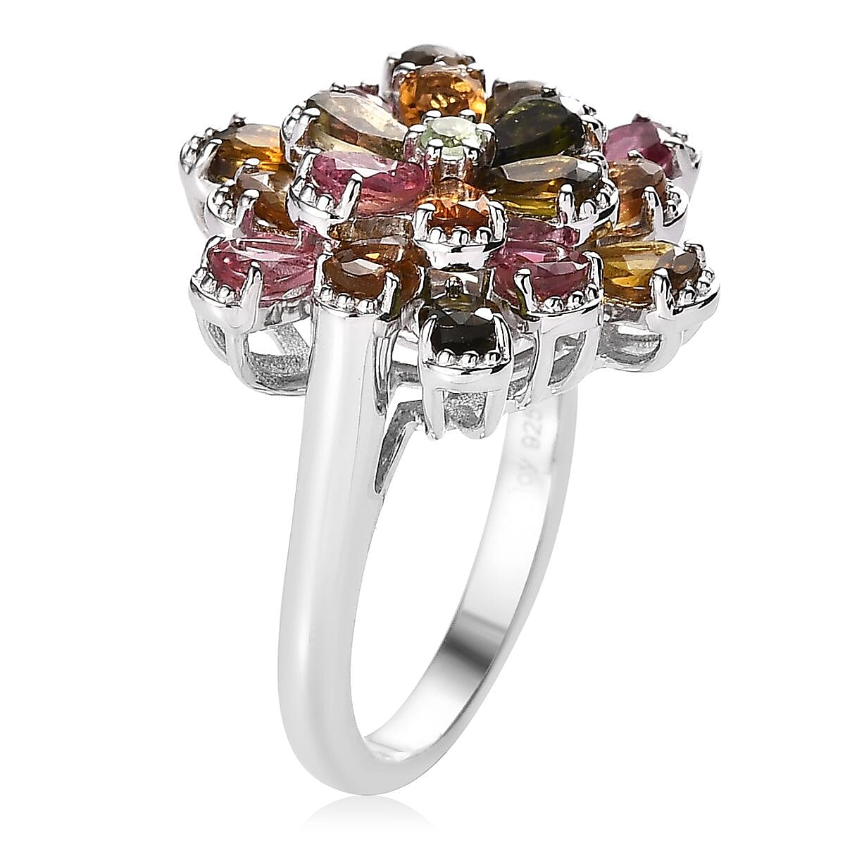 Multi-Tourmaline Flower Ring in Platinum Over Sterling Silver (Size 6.0) 3.60 ctw image number 3