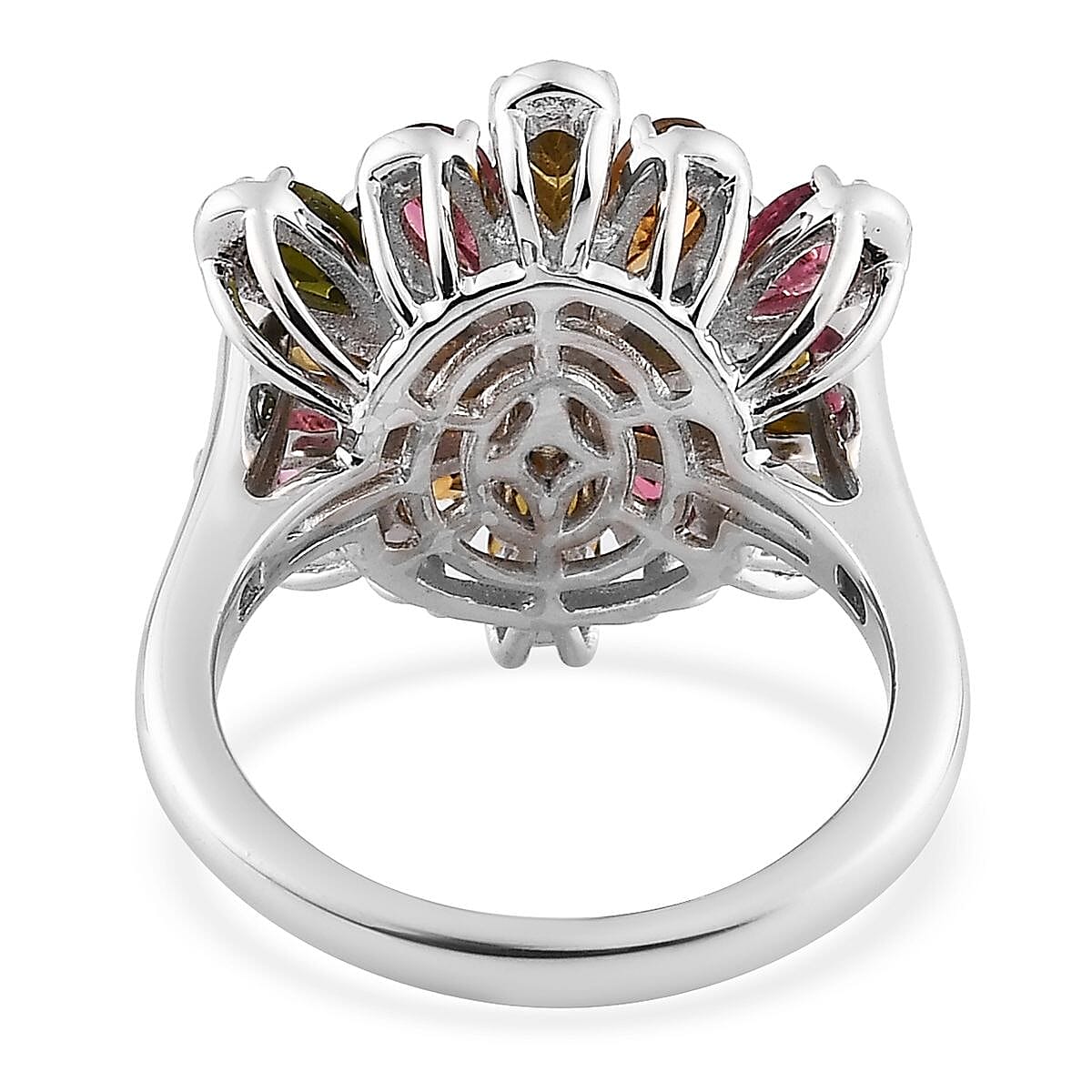 Multi-Tourmaline Flower Ring in Platinum Over Sterling Silver (Size 6.0) 3.60 ctw image number 4