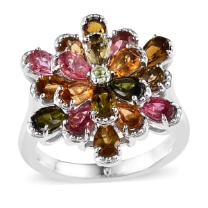 Multi-Tourmaline Flower Ring in Platinum Over Sterling Silver (Size 8.0) 3.60 ctw