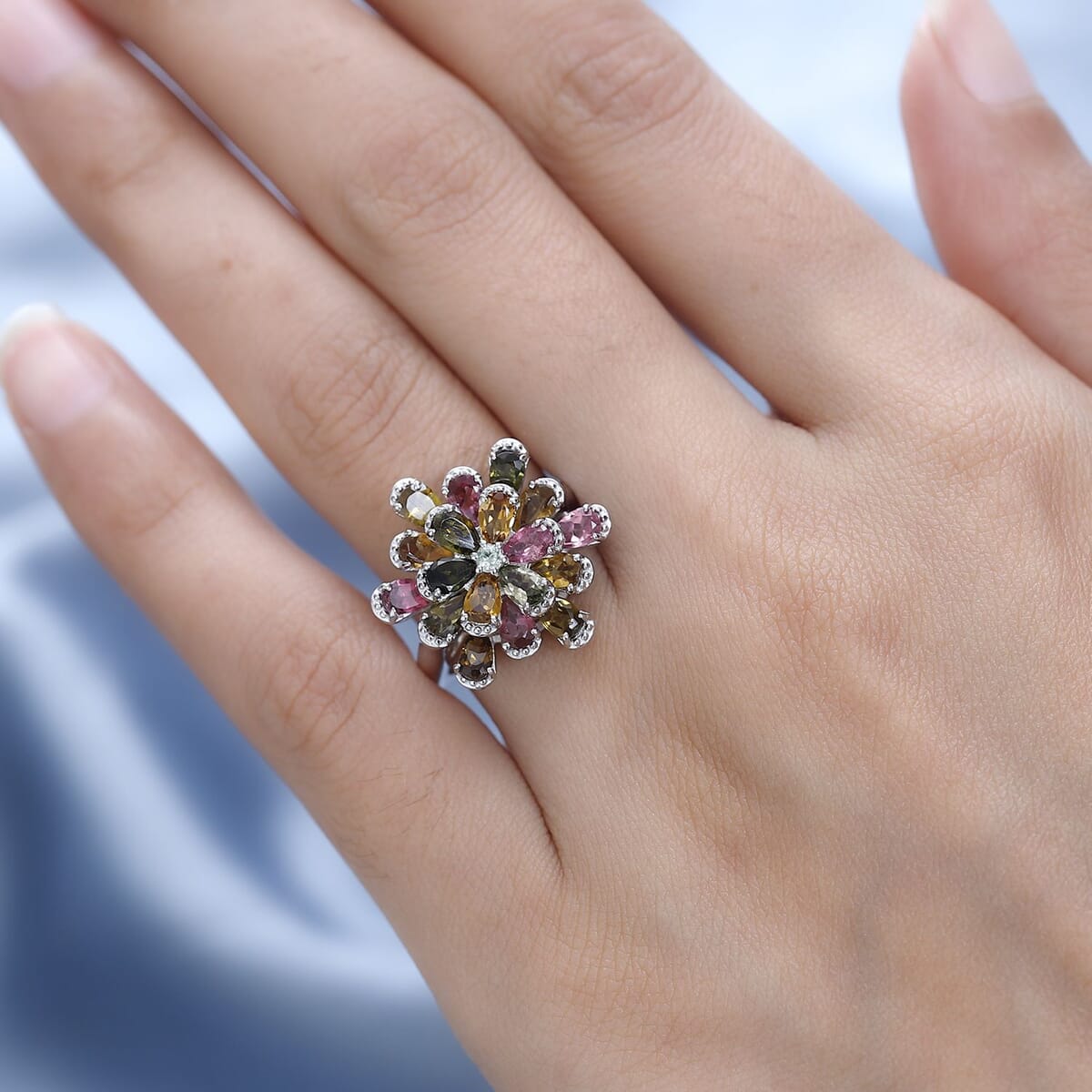 Multi-Tourmaline Flower Ring in Platinum Over Sterling Silver (Size 8.0) 3.60 ctw image number 2