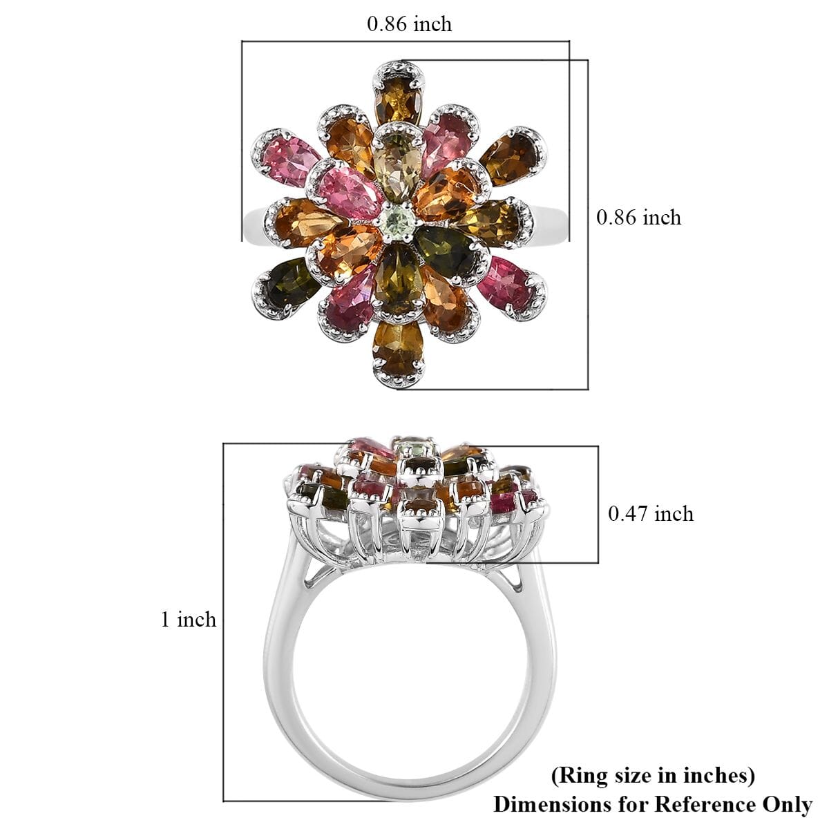 Multi-Tourmaline Flower Ring in Platinum Over Sterling Silver (Size 8.0) 3.60 ctw image number 5