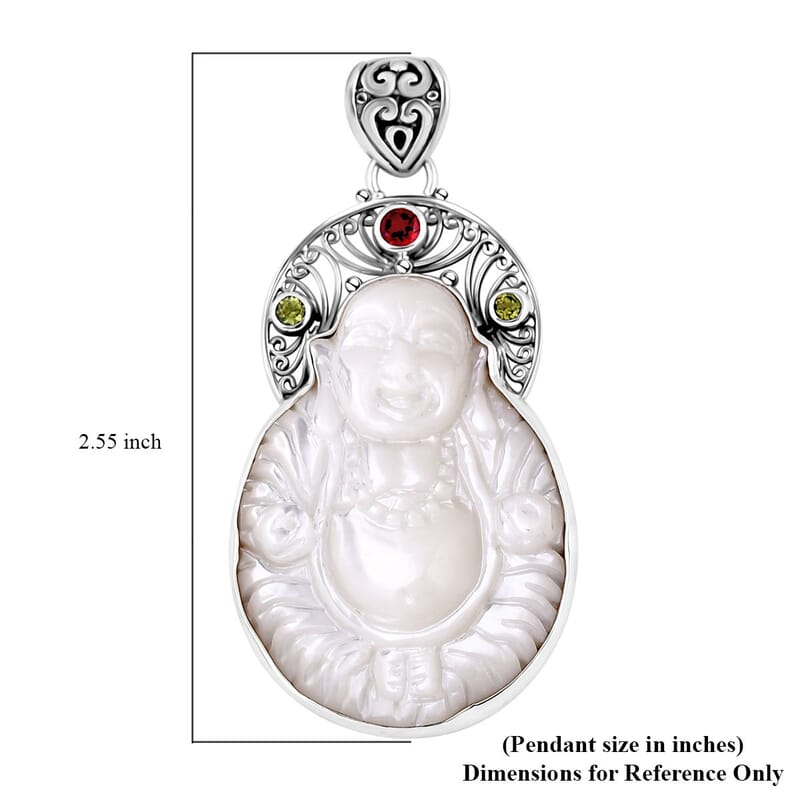 Bali Legacy White Shell Pearl Carved and Multi Gemstone Pendant without Chain in Sterling Silver 0.65 ctw