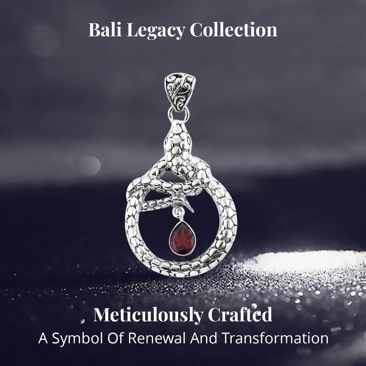 Doorbuster Bali Legacy Mozambique Garnet Snake Pendant in Sterling Silver 1.25 ctw image number 3