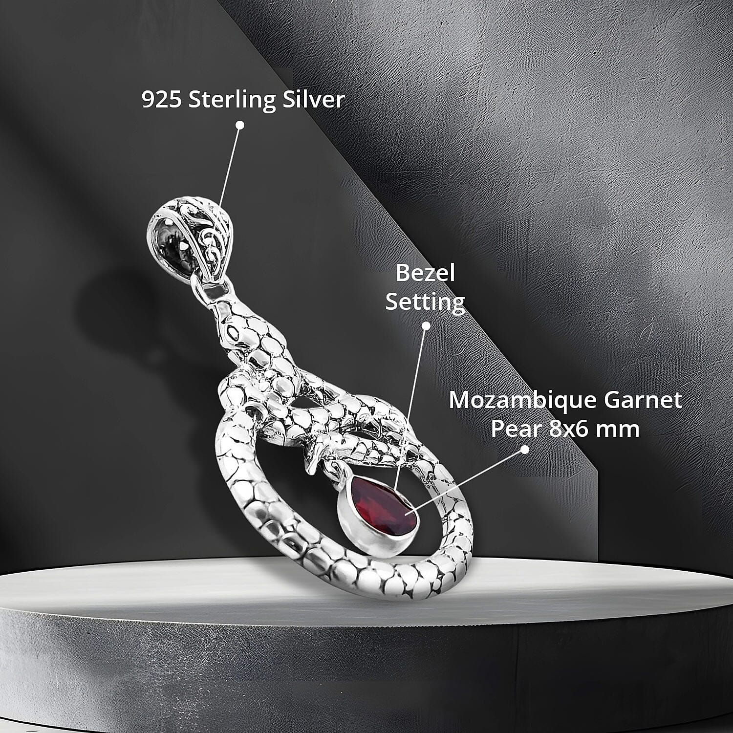 Bali Legacy Mozambique Garnet Snake Pendant without Chain in Sterling Silver 1.25 ctw