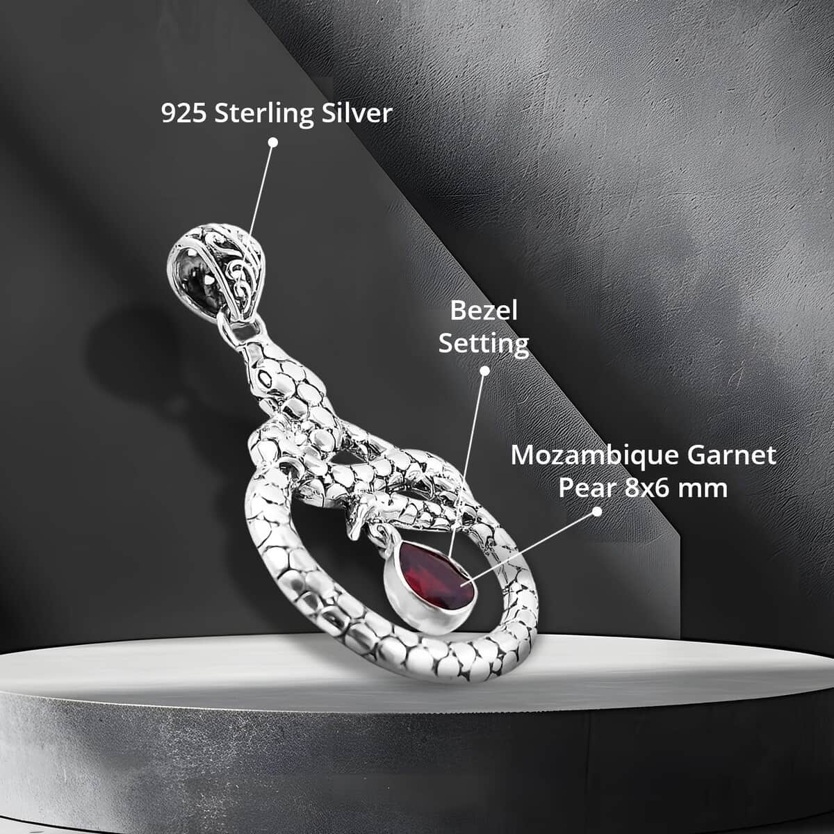 Doorbuster Bali Legacy Mozambique Garnet Snake Pendant in Sterling Silver 1.25 ctw image number 4