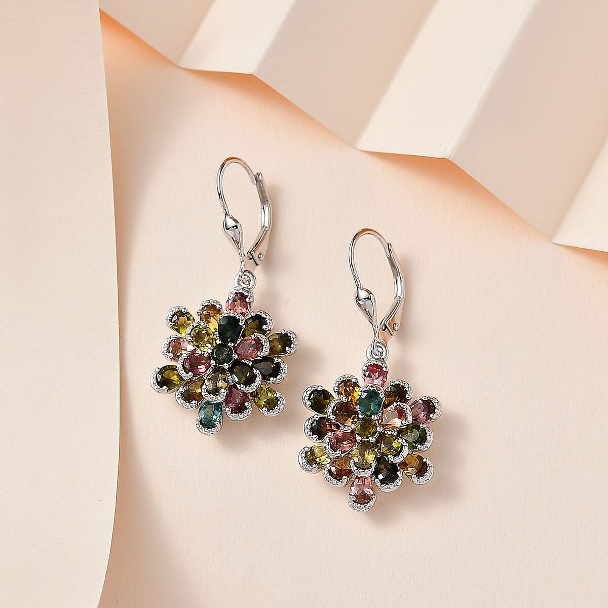 Multi-Tourmaline Flower Lever Back Earrings in Platinum Over Sterling Silver 5.60 ctw image number 1