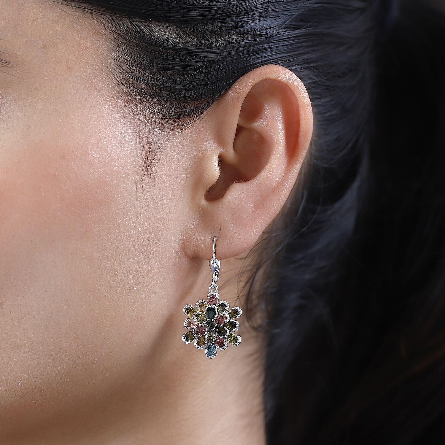 Multi-Tourmaline Flower Lever Back Earrings in Platinum Over Sterling Silver 5.60 ctw