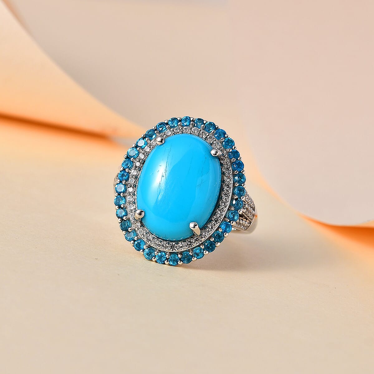Doorbuster Premium Sleeping Beauty Turquoise and Multi Gemstone Double Halo Ring in Platinum Over Sterling Silver (Size 10.0) 8.65 ctw image number 1