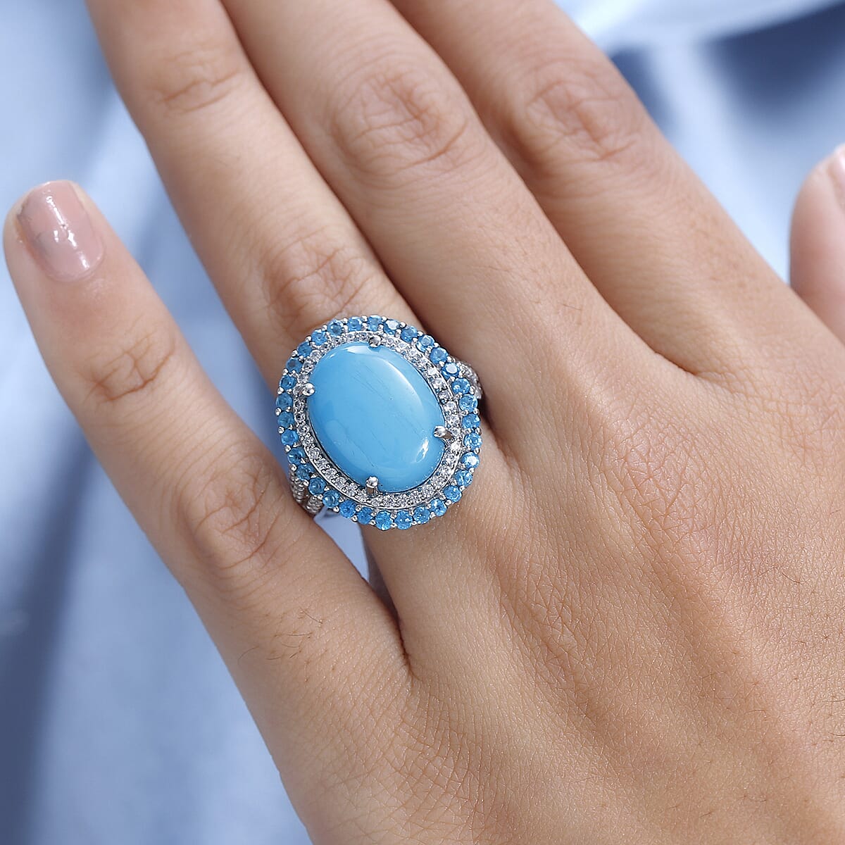 Doorbuster Premium Sleeping Beauty Turquoise and Multi Gemstone Double Halo Ring in Platinum Over Sterling Silver (Size 10.0) 8.65 ctw image number 2