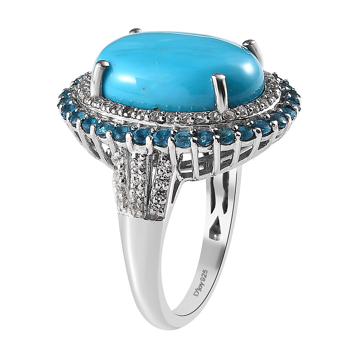 Doorbuster Premium Sleeping Beauty Turquoise and Multi Gemstone Double Halo Ring in Platinum Over Sterling Silver (Size 10.0) 8.65 ctw image number 3