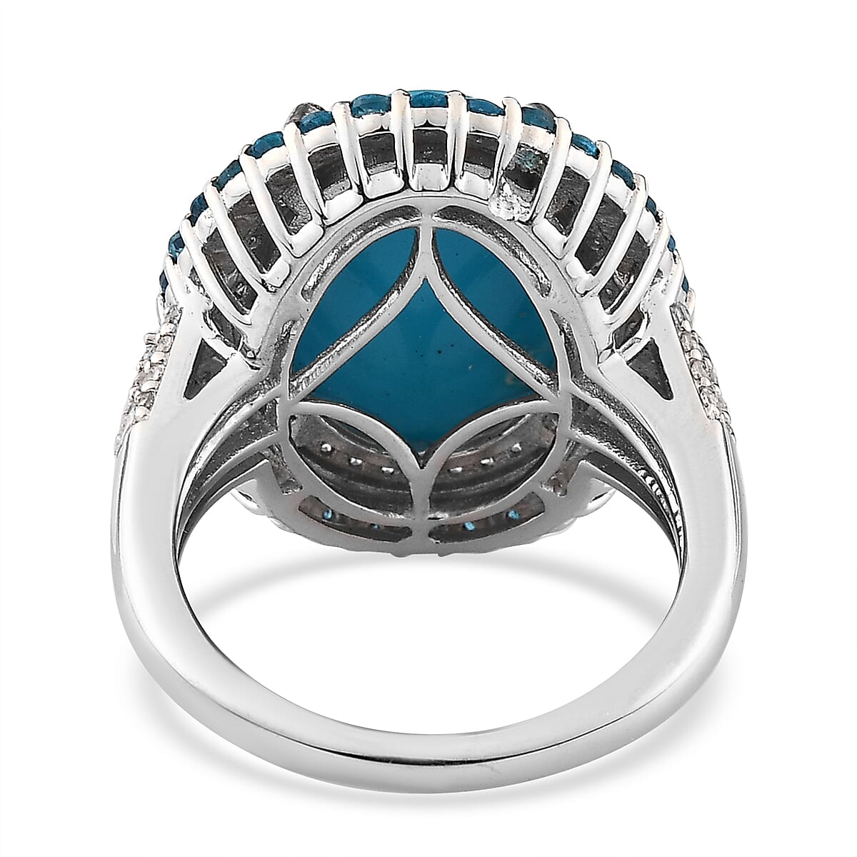 Doorbuster Premium Sleeping Beauty Turquoise and Multi Gemstone Double Halo Ring in Platinum Over Sterling Silver (Size 10.0) 8.65 ctw image number 4