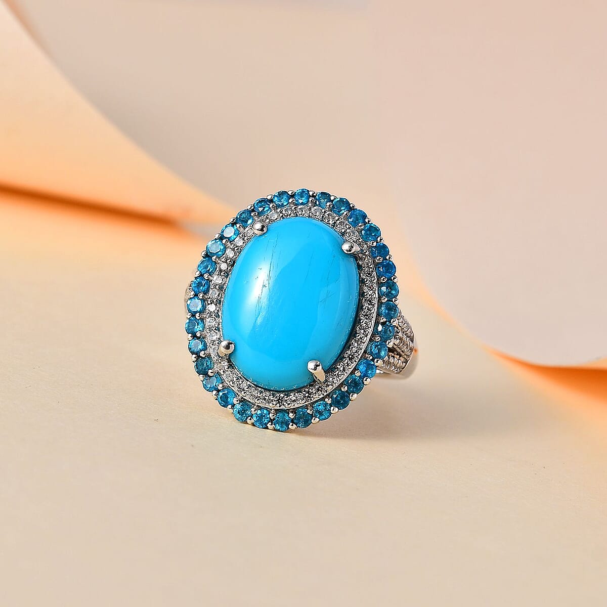 Premium Sleeping Beauty Turquoise, Multi Gemstone Double Halo Ring in Platinum Over Sterling Silver (Size 7.0) 8.65 ctw image number 1