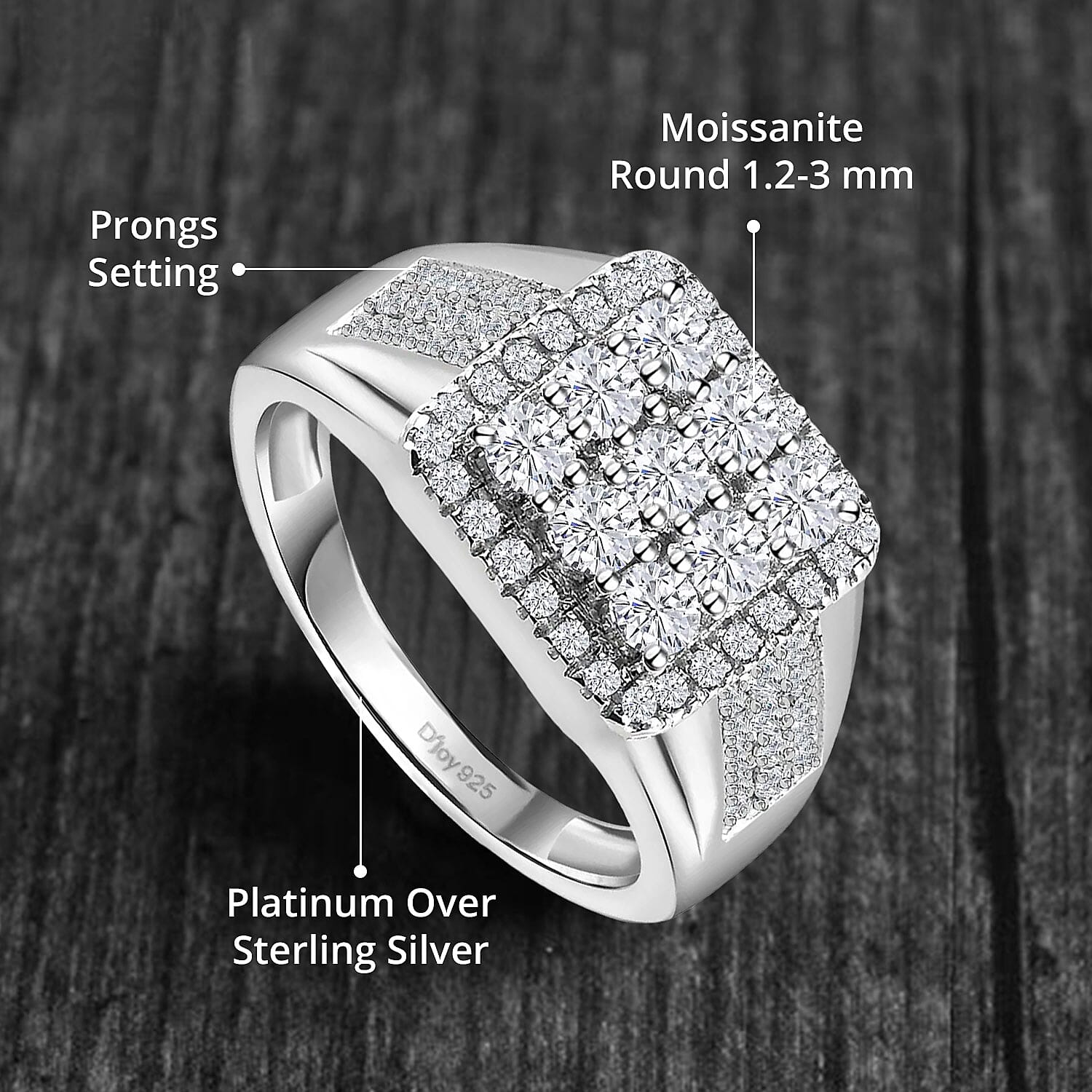 D'Joy Moissanite Men's Ring in Platinum Over Sterling Silver (Size 10.0) 1.65 ctw