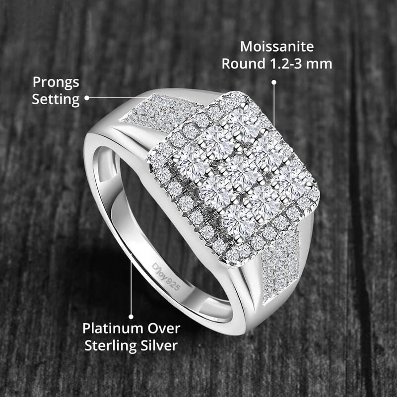 D'Joy Moissanite Men's Ring in Platinum Over Sterling Silver (Size 10.0) 1.65 ctw