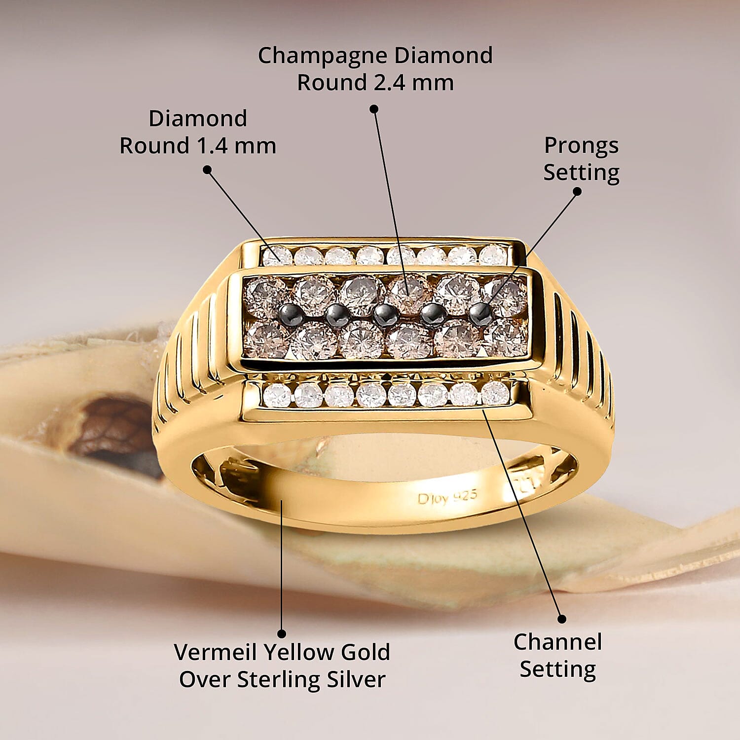 Doorbuster Natural Champagne and White Diamond Men's Ring in Vermeil Yellow Gold Over Sterling Silver (Size 10.0) 1.00 ctw