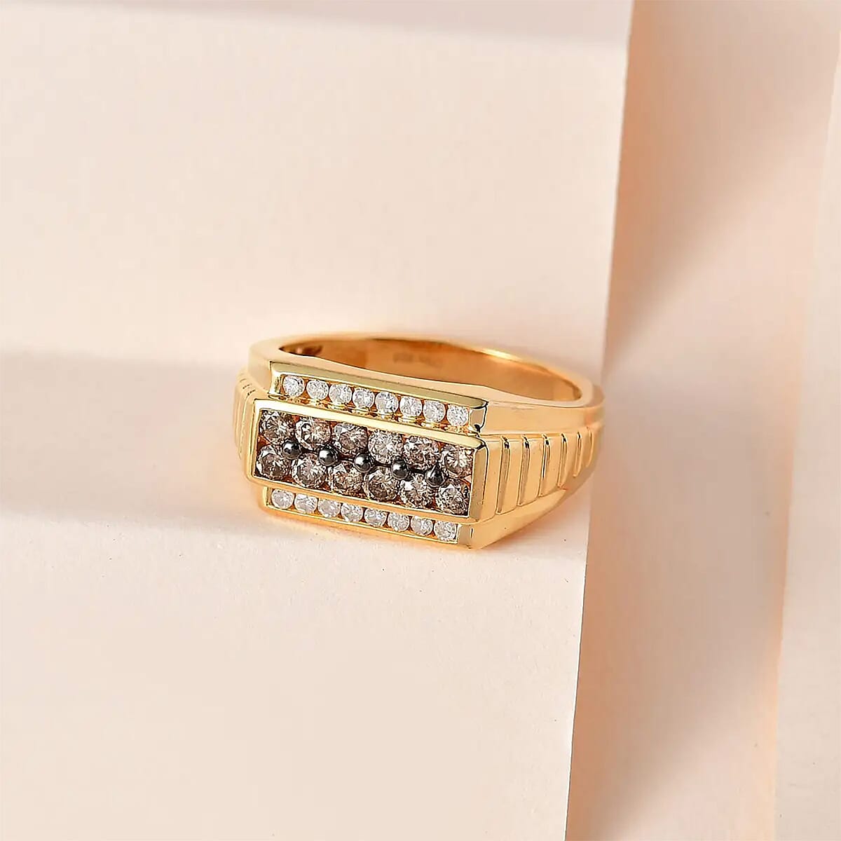 Natural Champagne and White Diamond Men's Ring in Vermeil Yellow Gold Over Sterling Silver (Size 12.0) 1.00 ctw image number 1