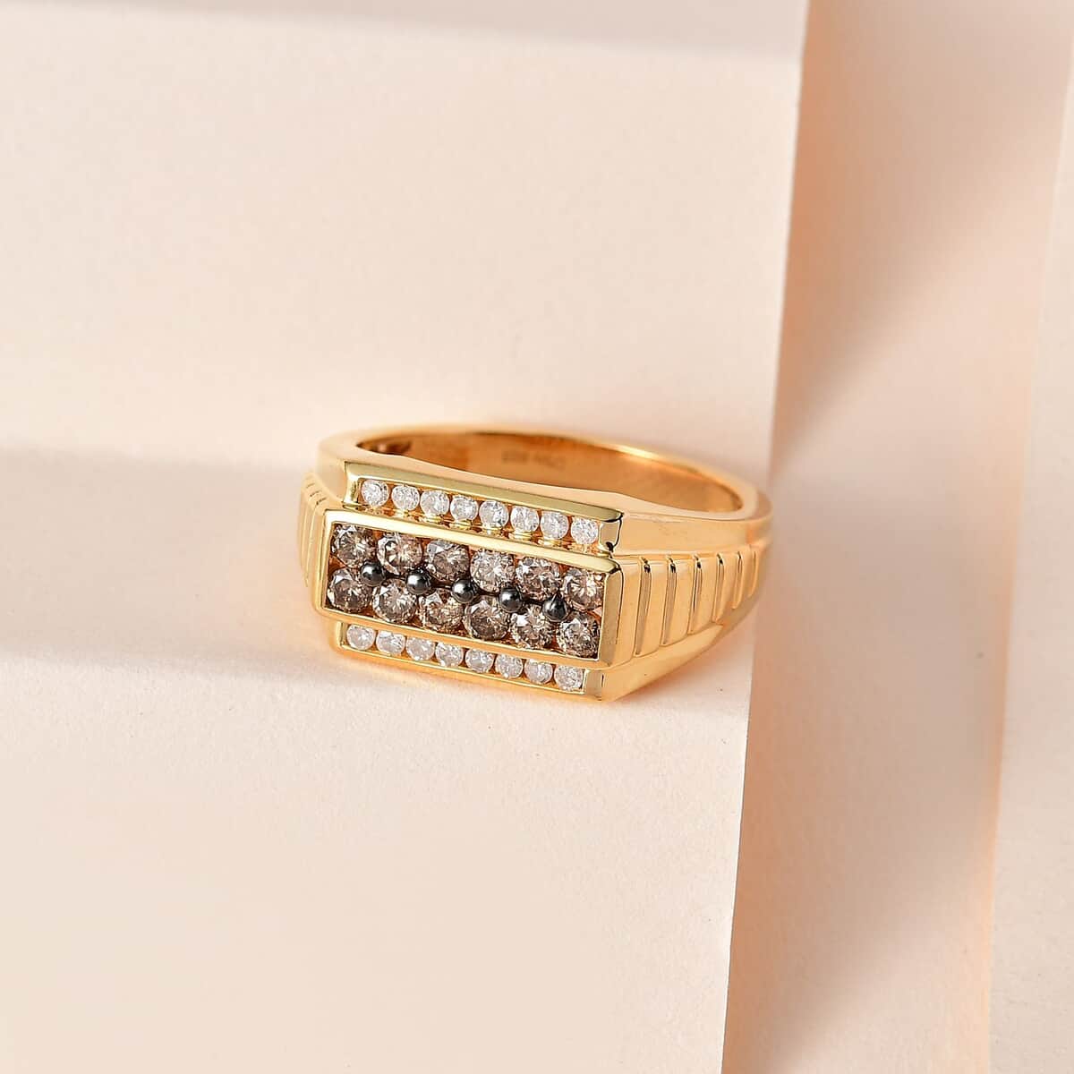 Natural Champagne and White Diamond Men's Ring in Vermeil Yellow Gold Over Sterling Silver (Size 13.0) 1.00 ctw image number 1