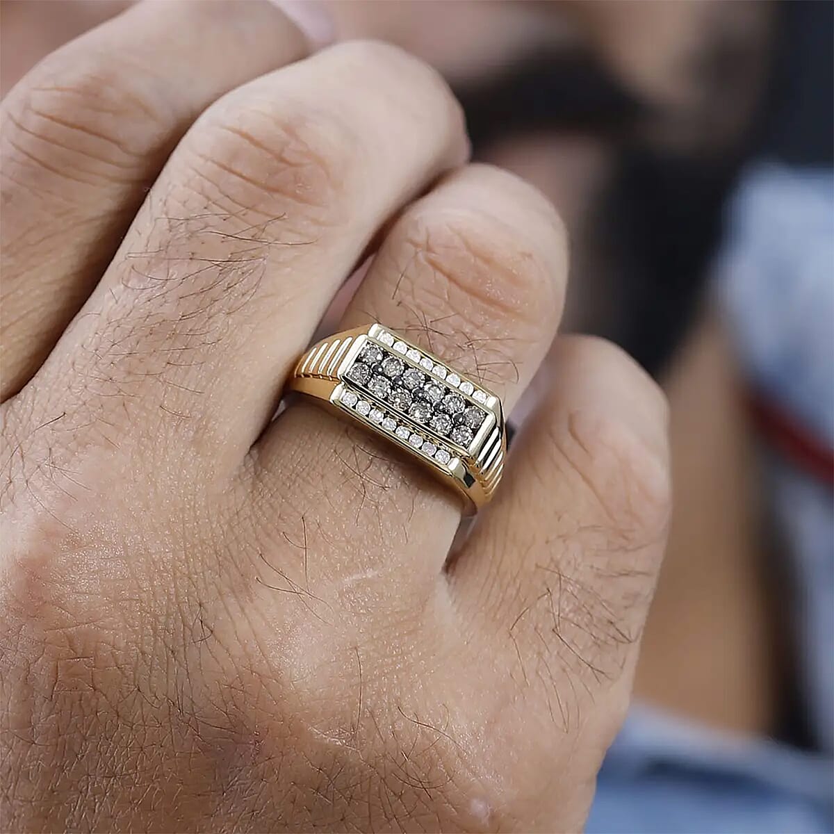 Natural Champagne and White Diamond Men's Ring in Vermeil Yellow Gold Over Sterling Silver (Size 13.0) 1.00 ctw image number 7