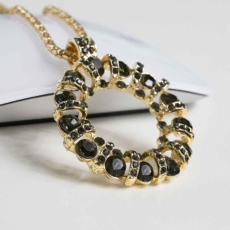 Green Austrian Crystal Necklace in Black Silvertone 28 Inches 