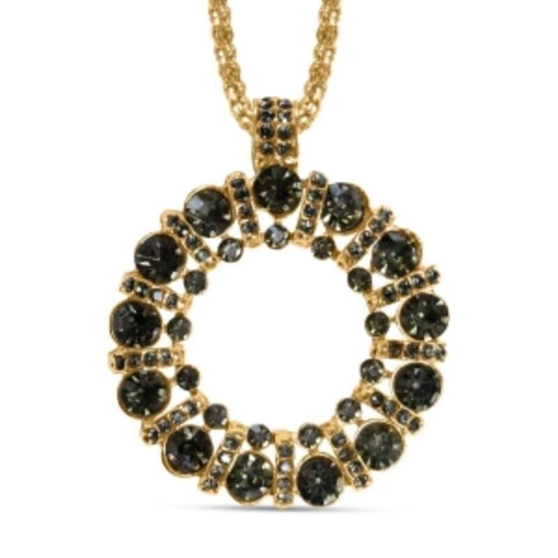 Green Austrian Crystal Necklace in Black Silvertone 28 Inches 