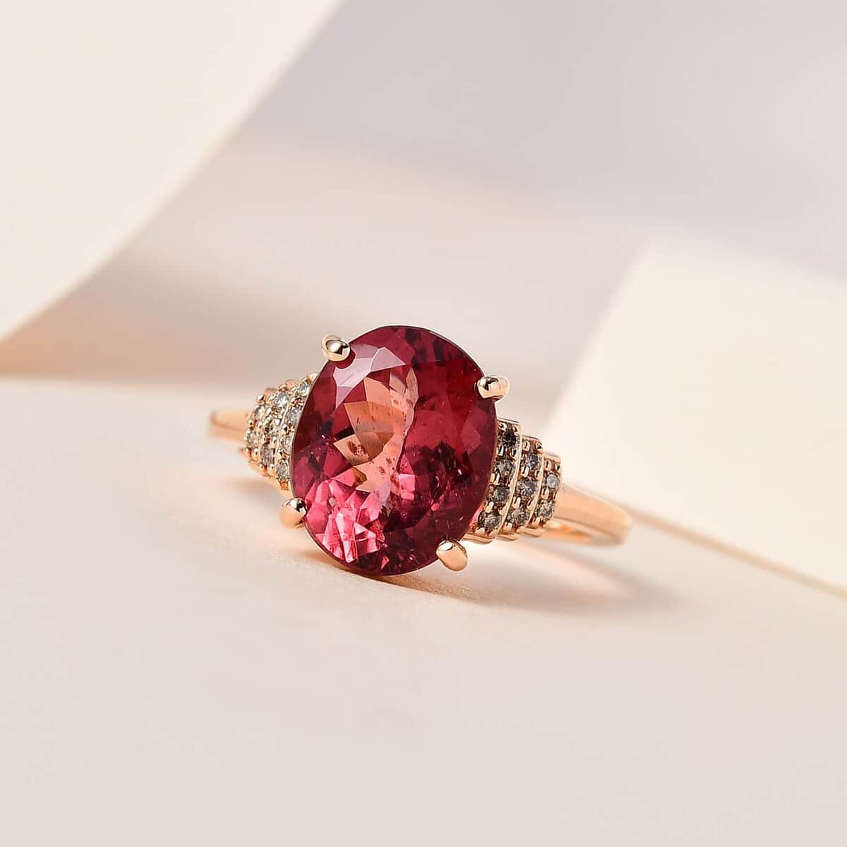 Luxoro 14K Rose Gold Premium Blush Apatite and I3 Natural Champagne Diamond Ring 4.10 ctw image number 1