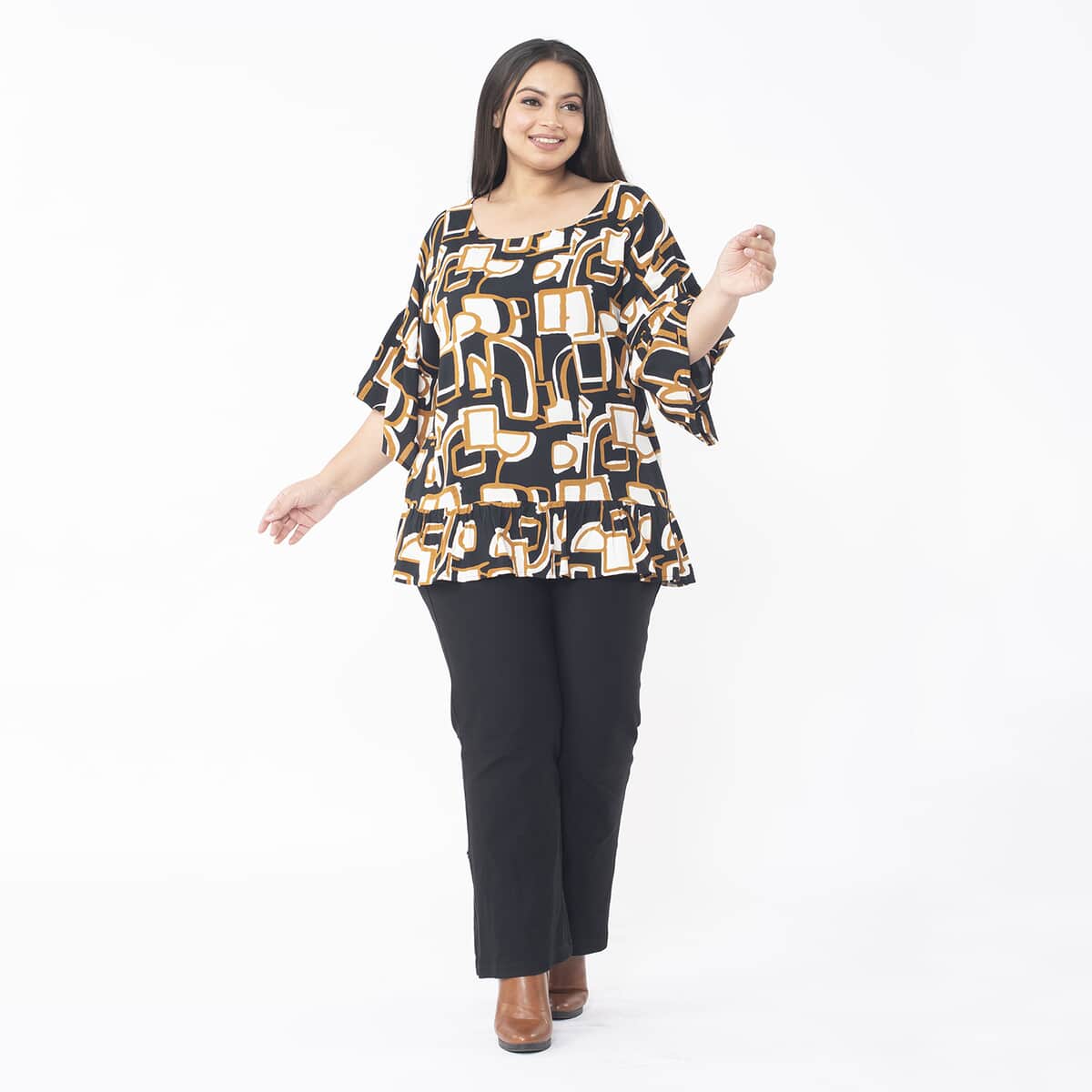 Tamsy Brown Square Top with Frill on Sleeve Opening and Hem - One Size Fits Most image number 0