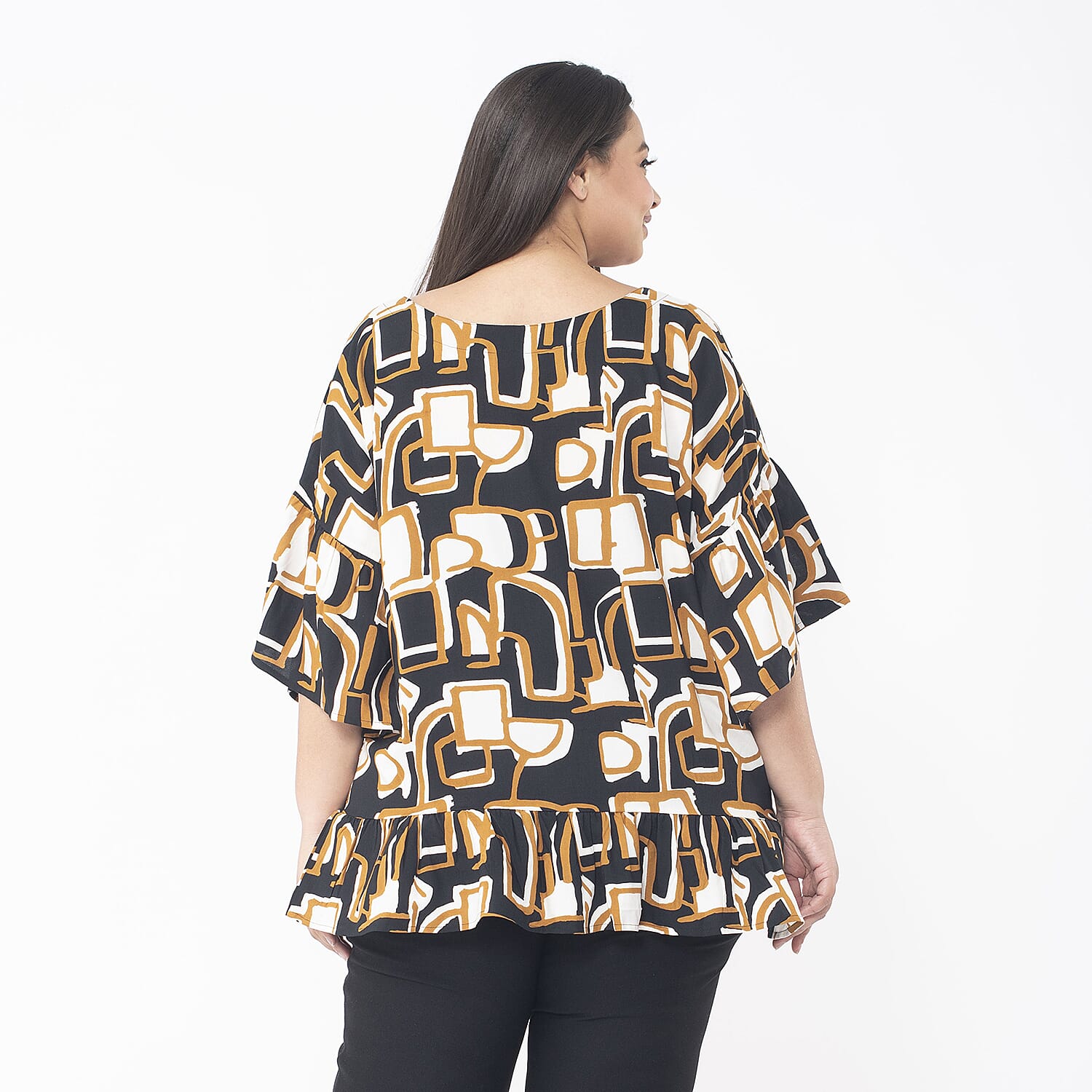 Tamsy Brown Square Top with Frill on Sleeve Opening and Hem - One Size Fits Most