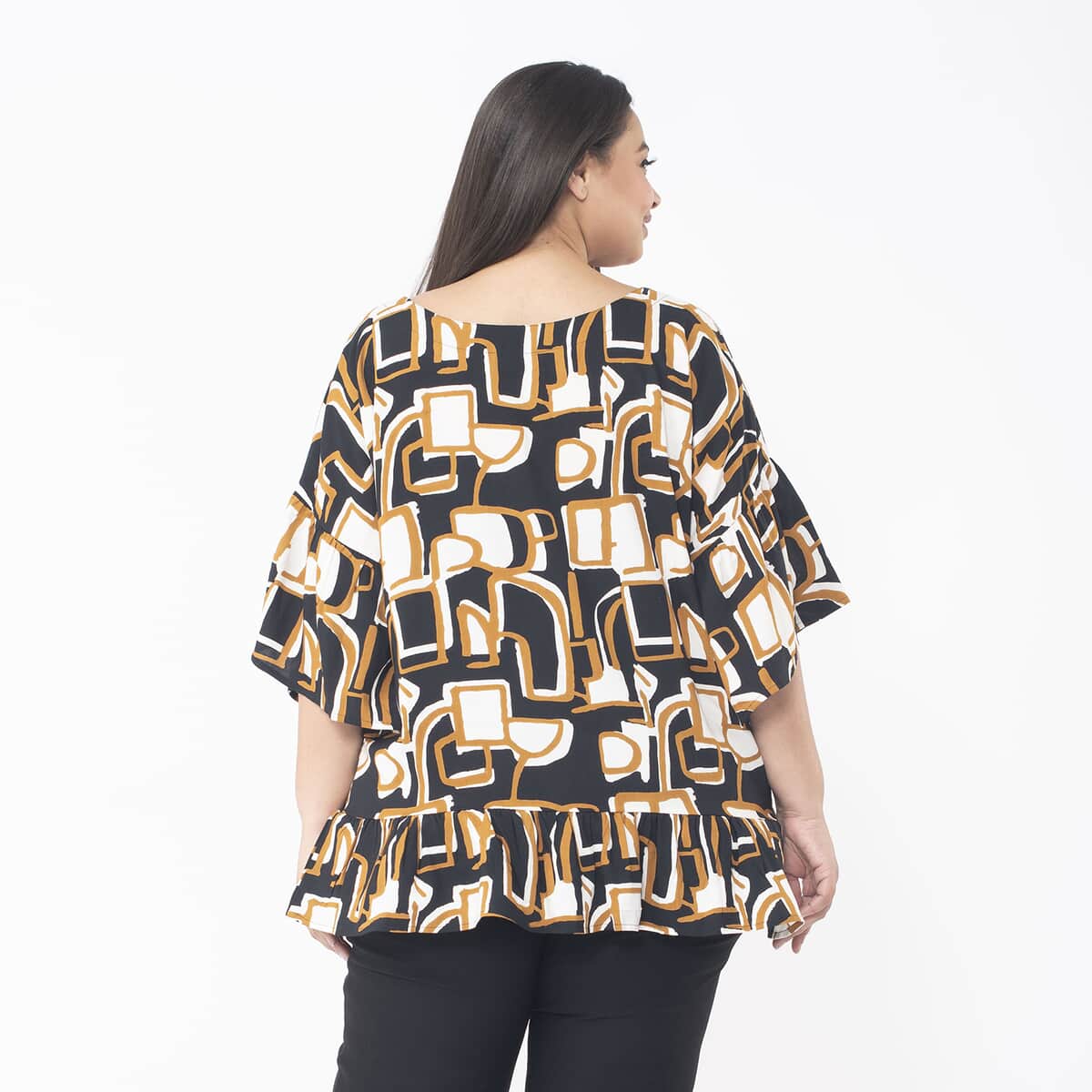 Tamsy Brown Square Top with Frill on Sleeve Opening and Hem - One Size Fits Most image number 1