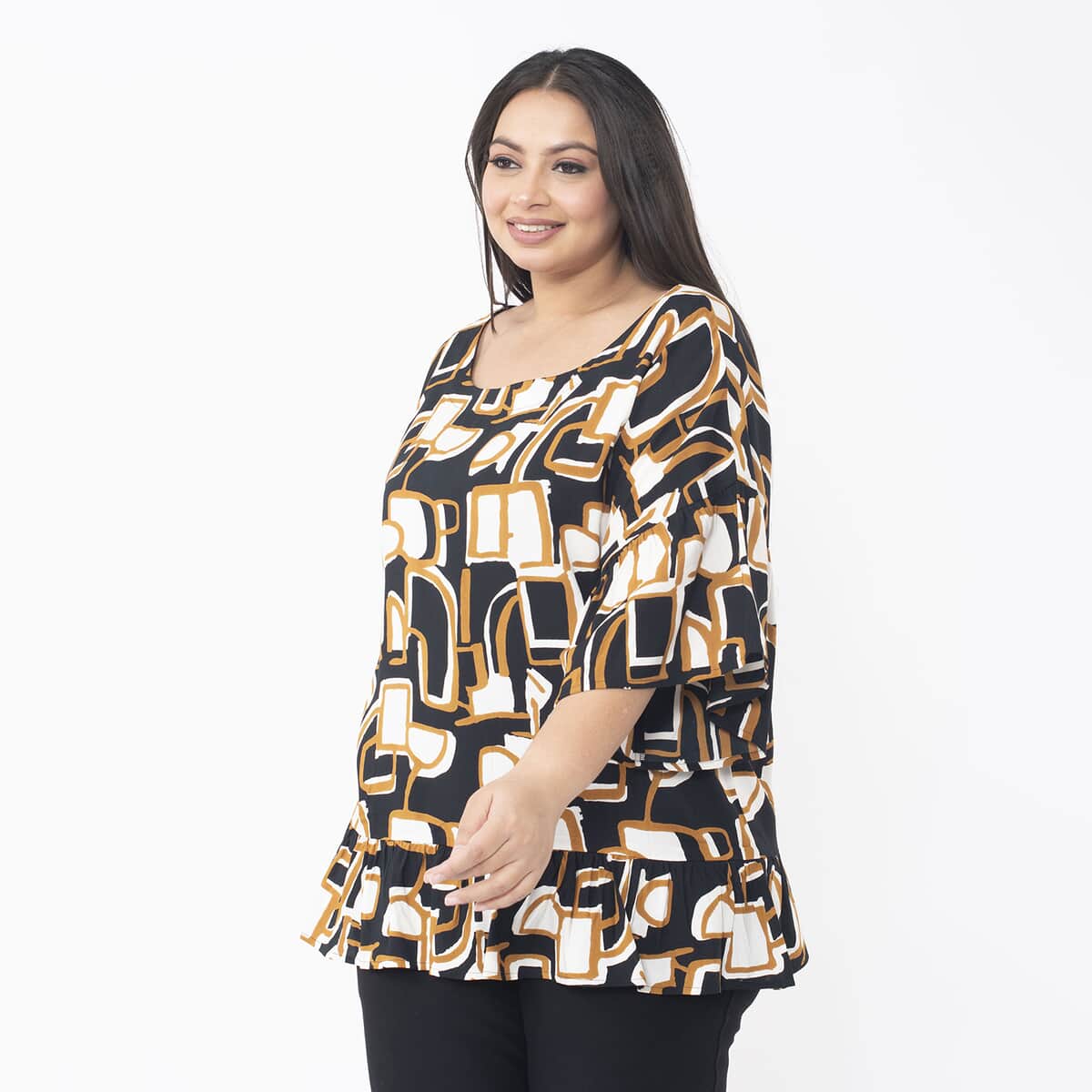 Tamsy Brown Square Top with Frill on Sleeve Opening and Hem - One Size Fits Most image number 2