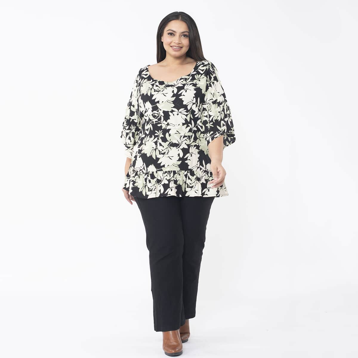 Tamsy Mint Floral Top with Frill on Sleeve Opening and Hem - One Size Fits Most image number 0