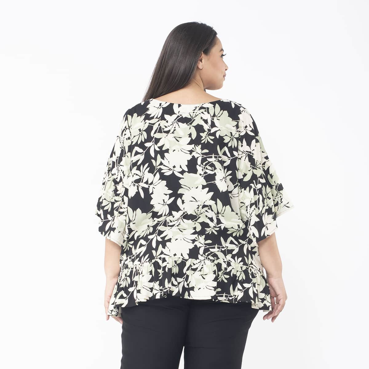 Tamsy Mint Floral Top with Frill on Sleeve Opening and Hem - One Size Fits Most image number 1