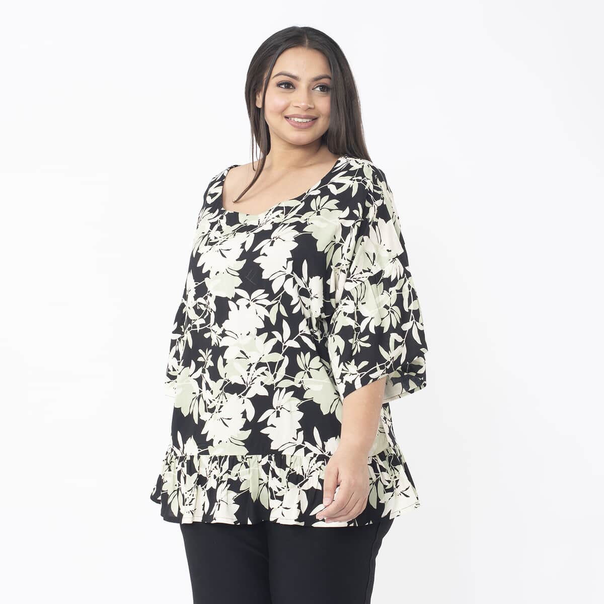 Tamsy Mint Floral Top with Frill on Sleeve Opening and Hem - One Size Fits Most image number 2