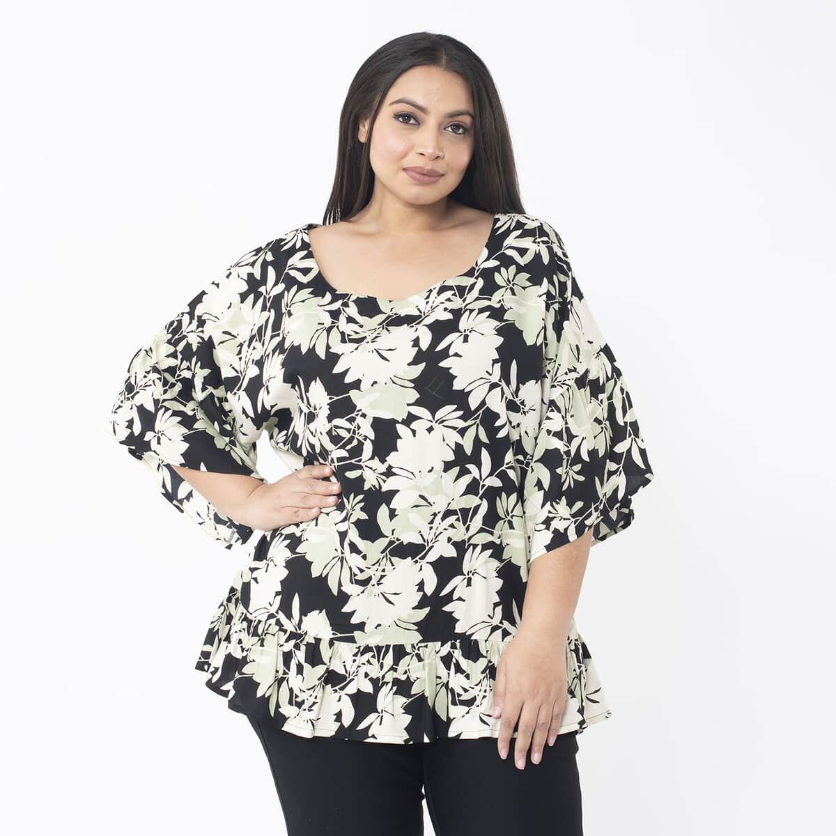 Tamsy Mint Floral Top with Frill on Sleeve Opening and Hem - One Size Fits Most image number 3