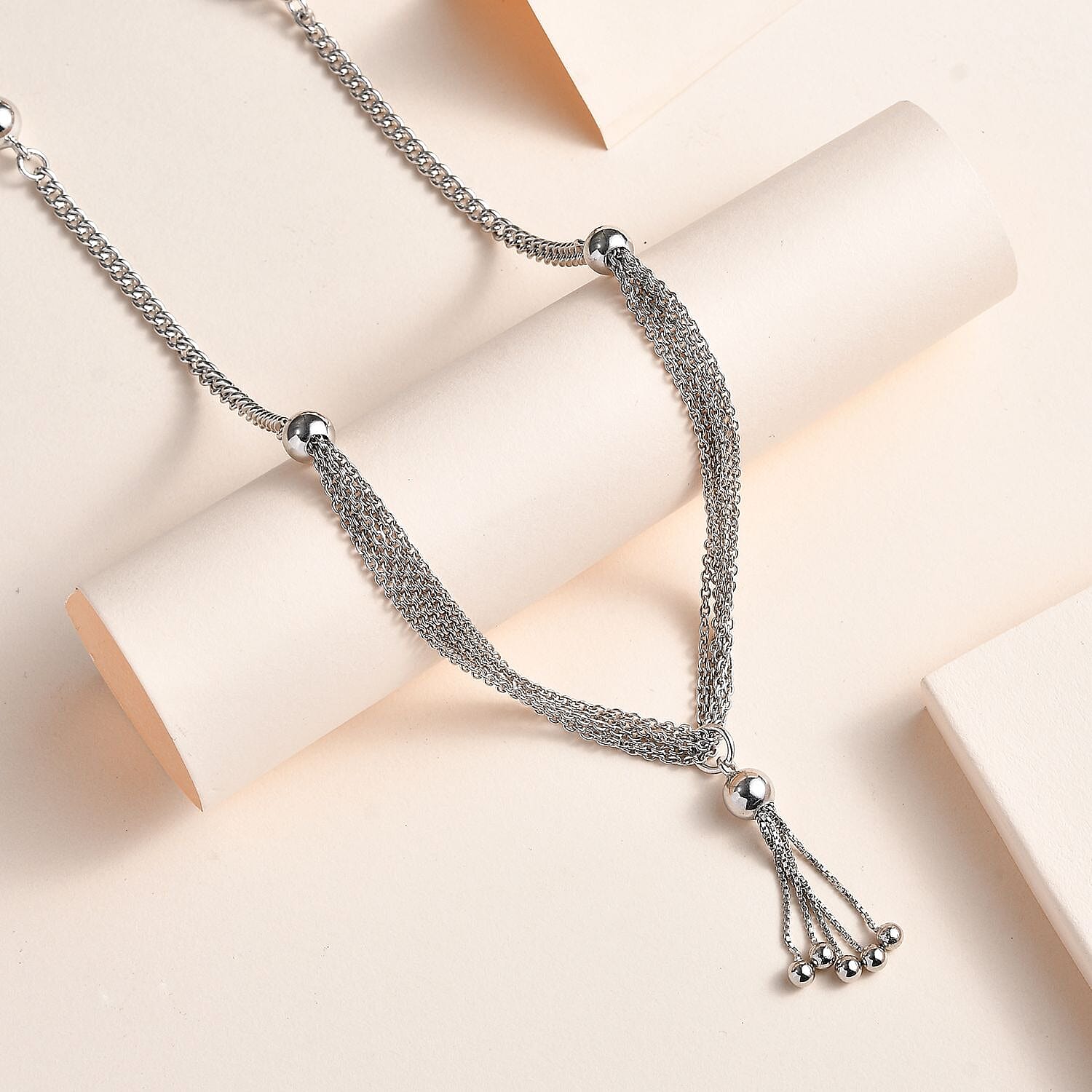 Platinum Over Sterling Silver Multi Layer Tassel Chain Necklace 20 Inches 14.25 Grams