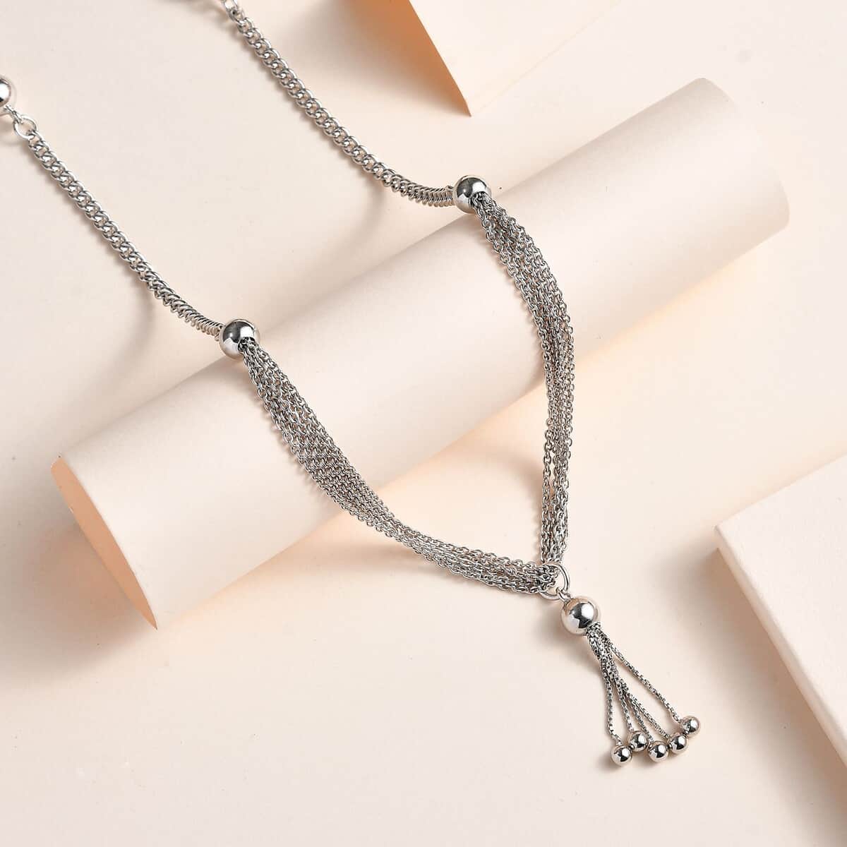 Platinum Over Sterling Silver Multi Layer Tassel Chain Necklace 20 Inches 14.25 Grams image number 1