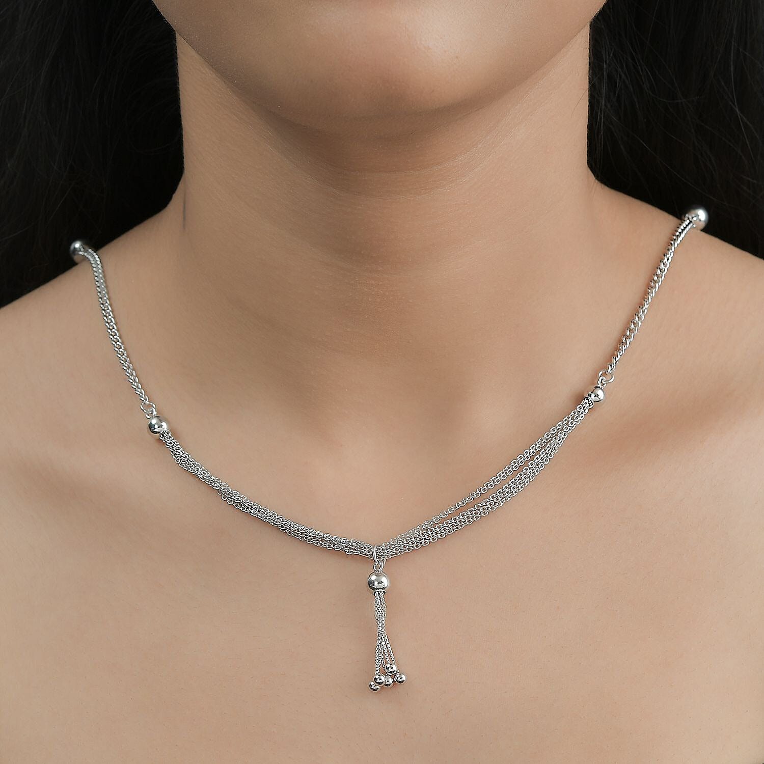 Platinum Over Sterling Silver Multi Layer Tassel Chain Necklace 20 Inches 14.25 Grams