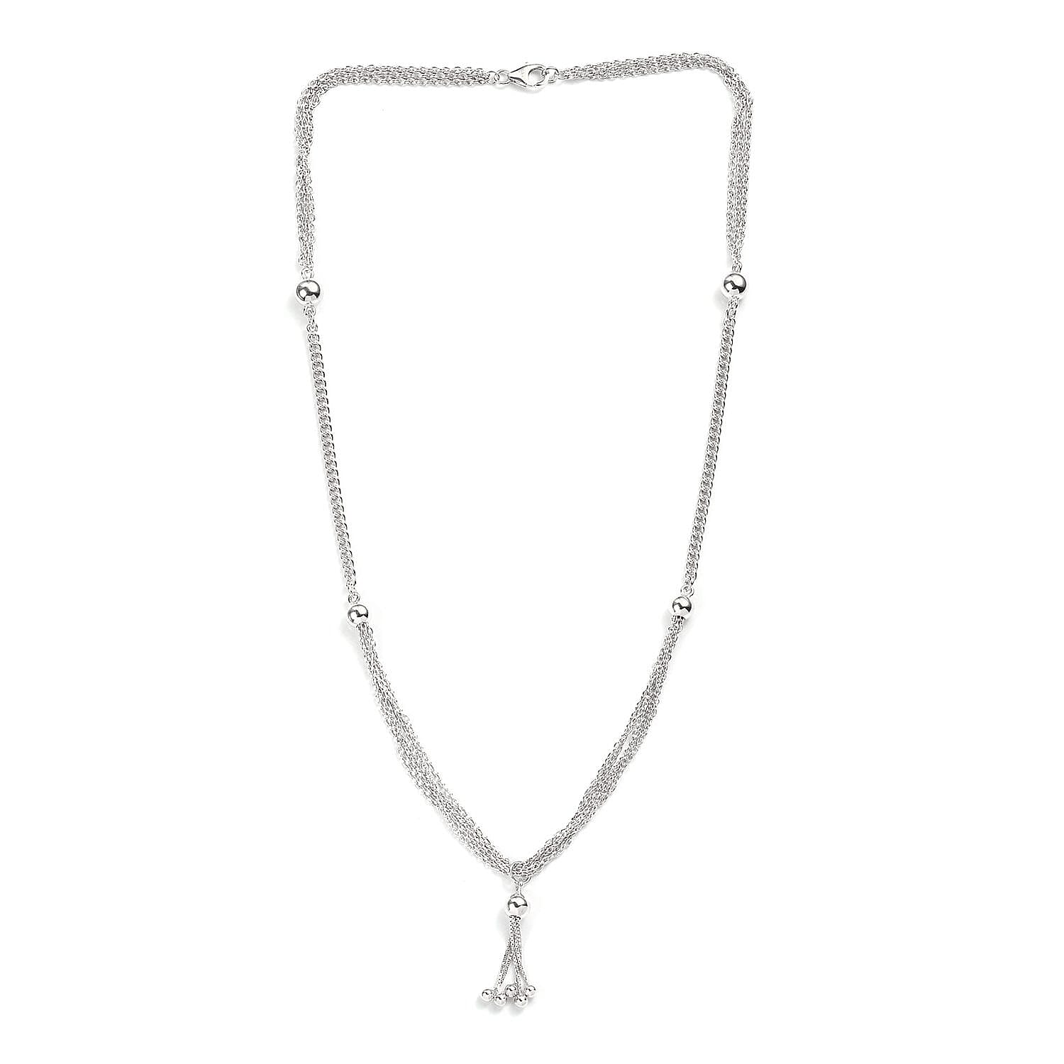 Platinum Over Sterling Silver Multi Layer Tassel Chain Necklace 20 Inches 14.25 Grams
