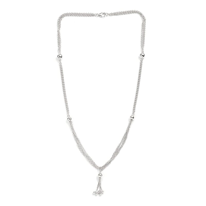 Platinum Over Sterling Silver Multi Layer Tassel Chain Necklace 20 Inches 14.25 Grams