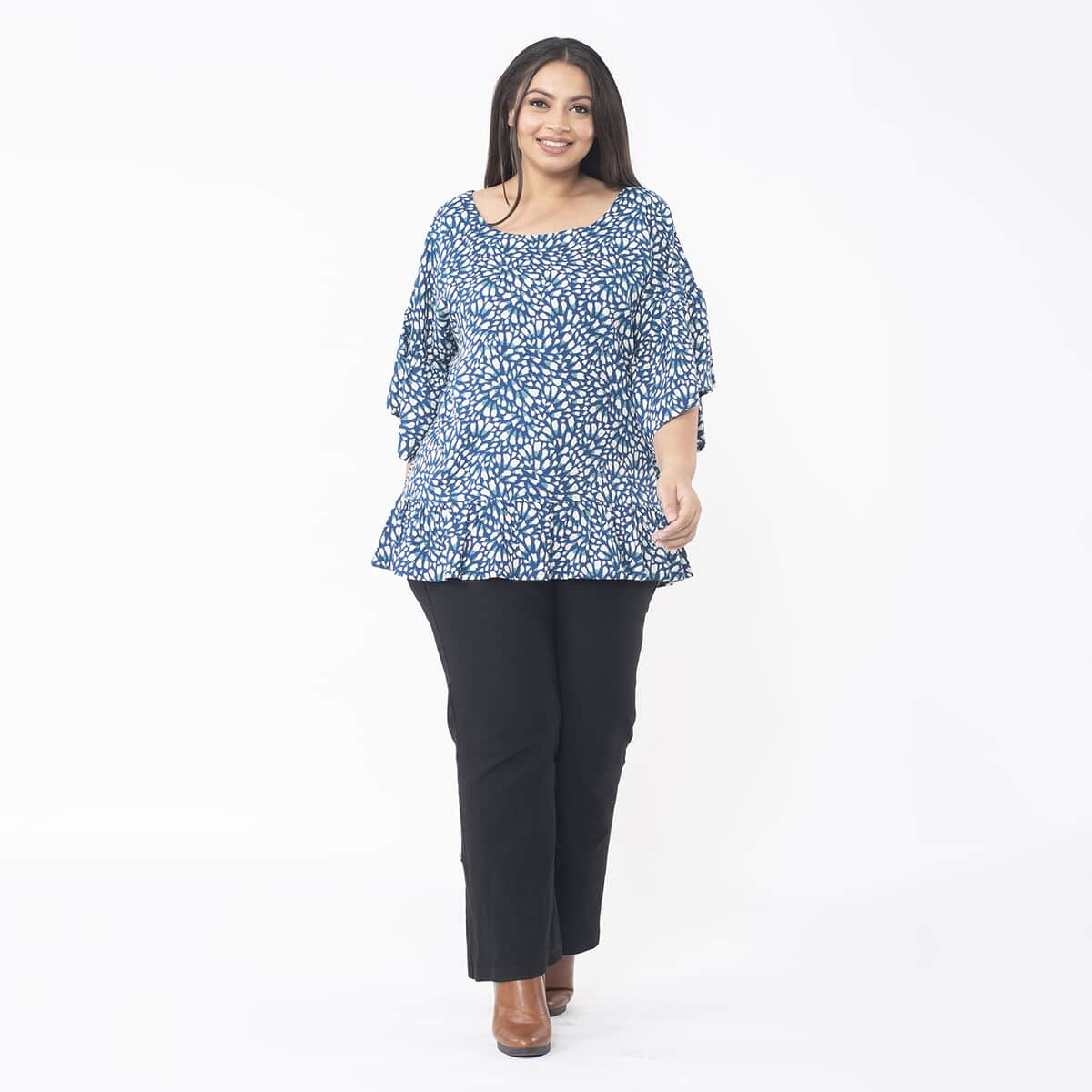 Tamsy Blue Floral Top with Frill on Sleeve Opening and Hem - One Size Fits Most image number 0