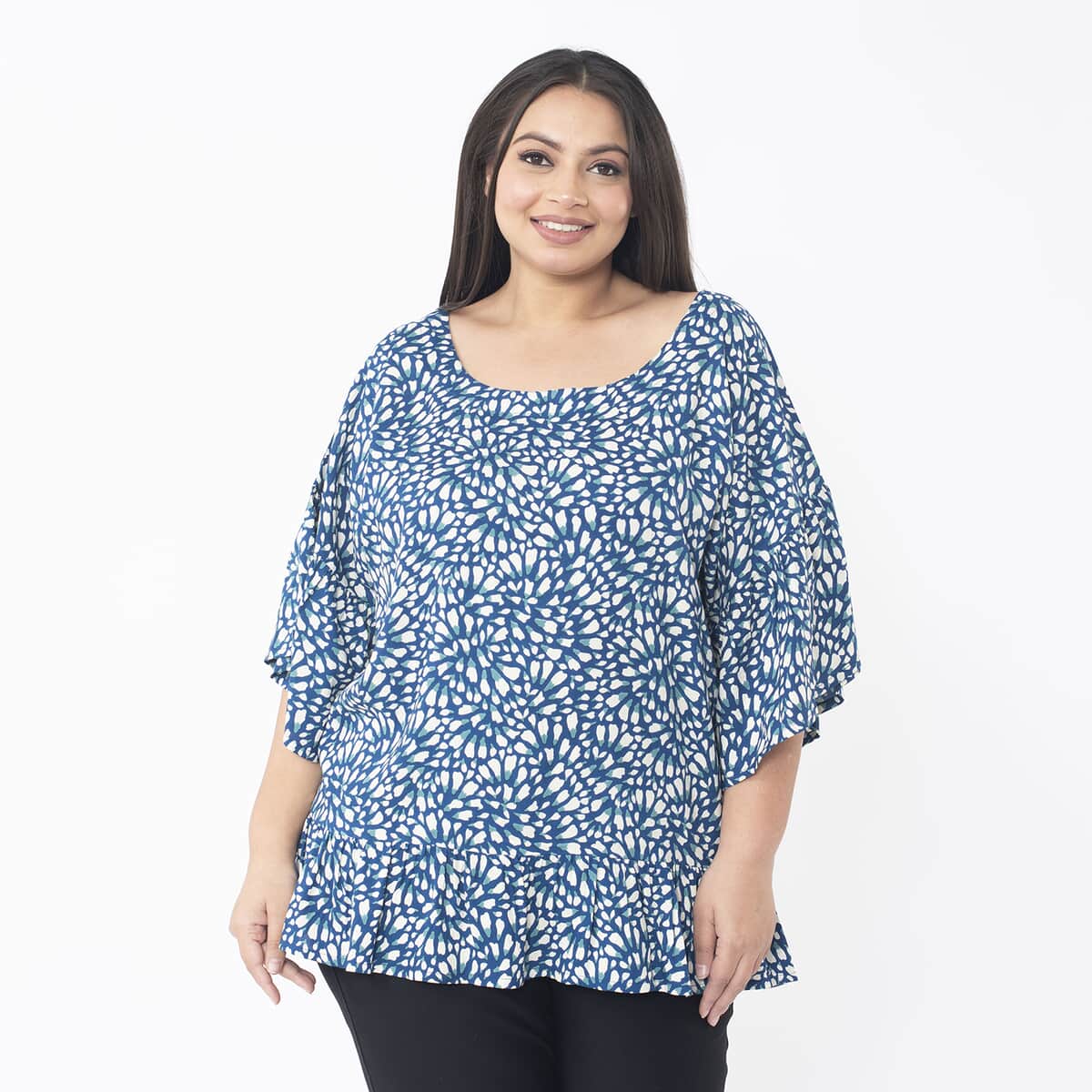 Tamsy Blue Floral Top with Frill on Sleeve Opening and Hem - One Size Fits Most image number 3