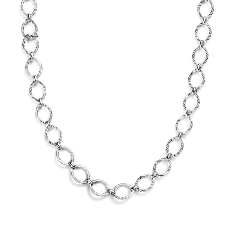 Platinum Over Sterling Silver Flat Fancy Link Chain Necklace 20 Inches 19.55 Grams