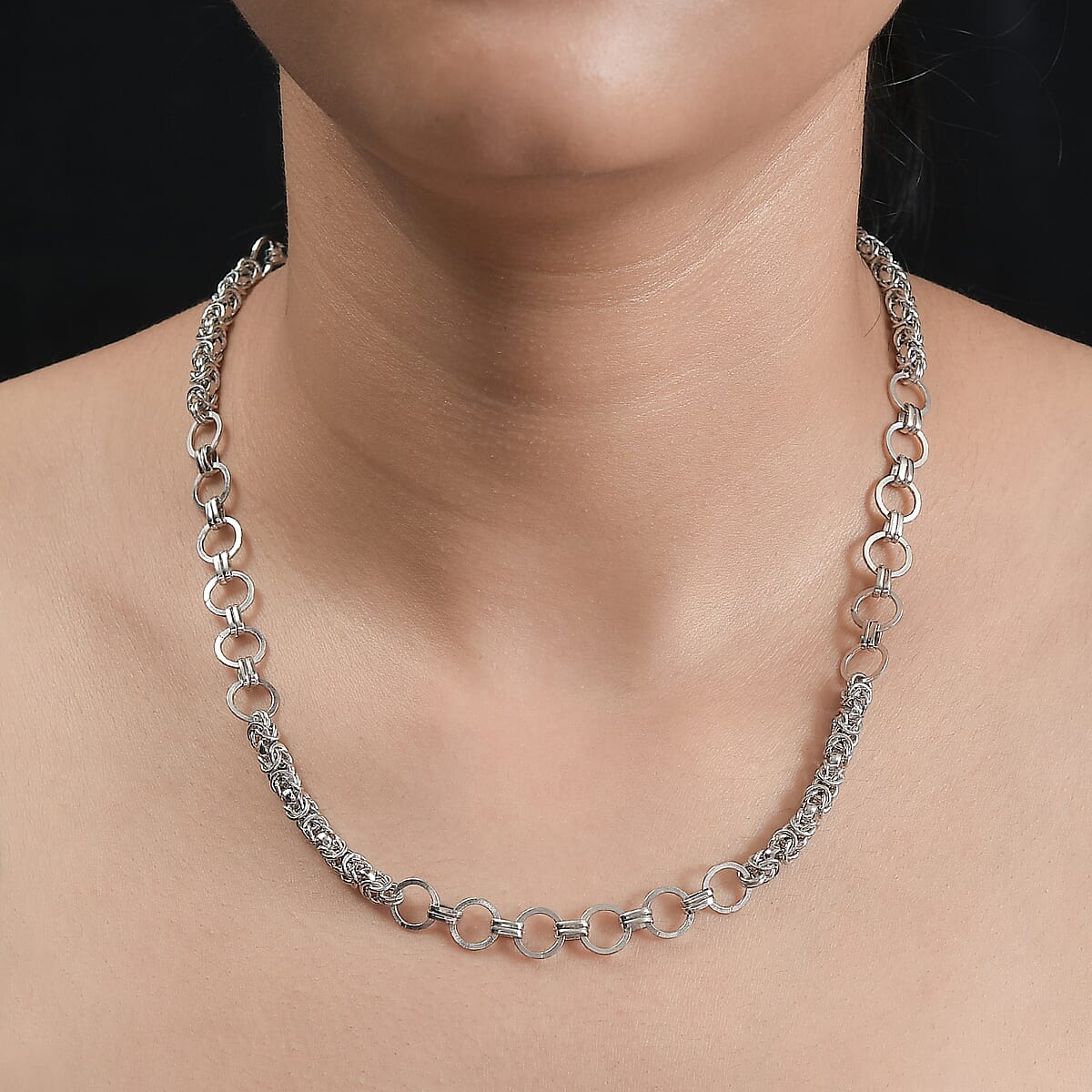 Platinum Over Sterling Silver 8.5mm Fancy Byzantine Link Chain Necklace 20 Inches 25.50 Grams image number 2