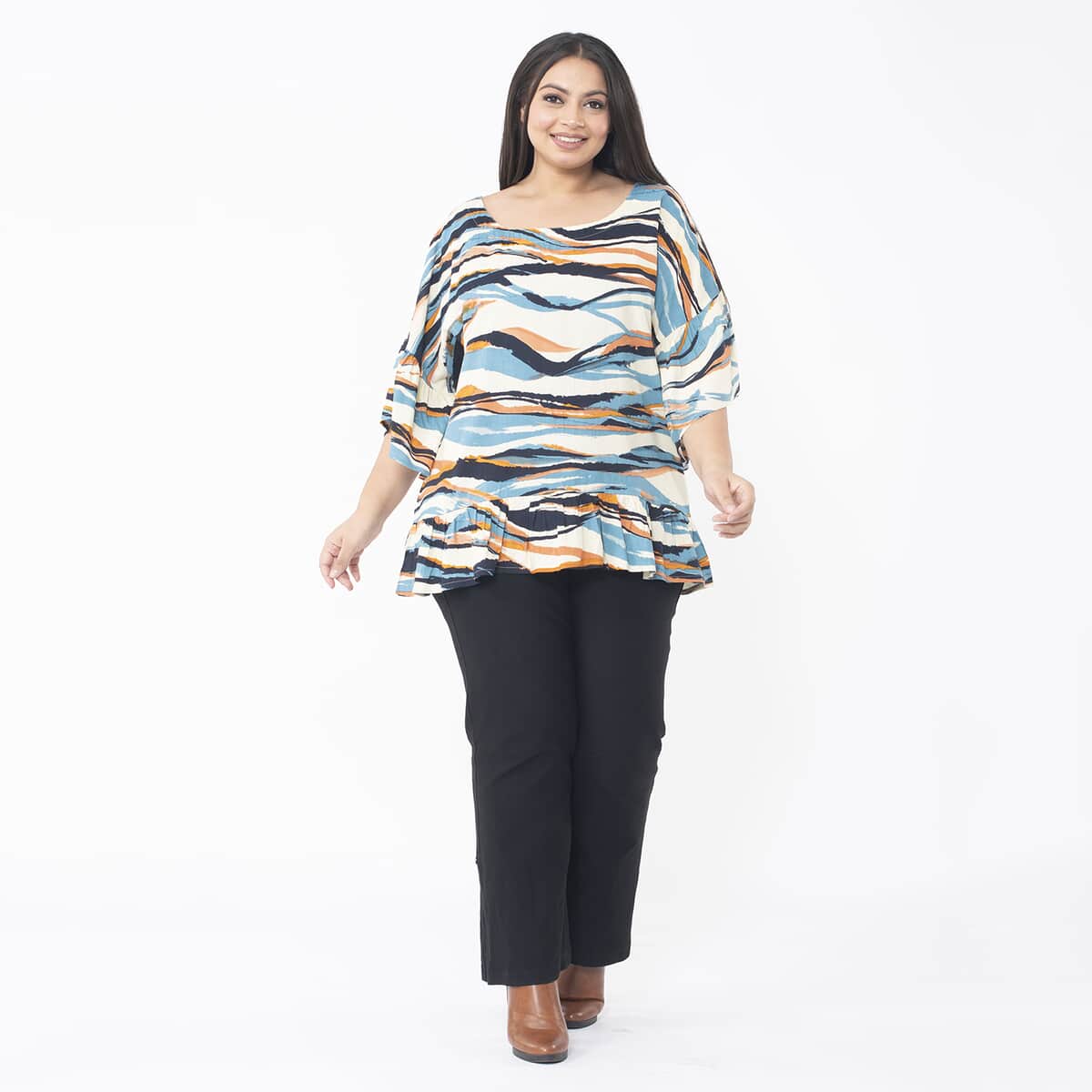 Tamsy Multi Color Wave Top with Frill on Sleeve Opening and Hem - One Size Fits Most image number 0