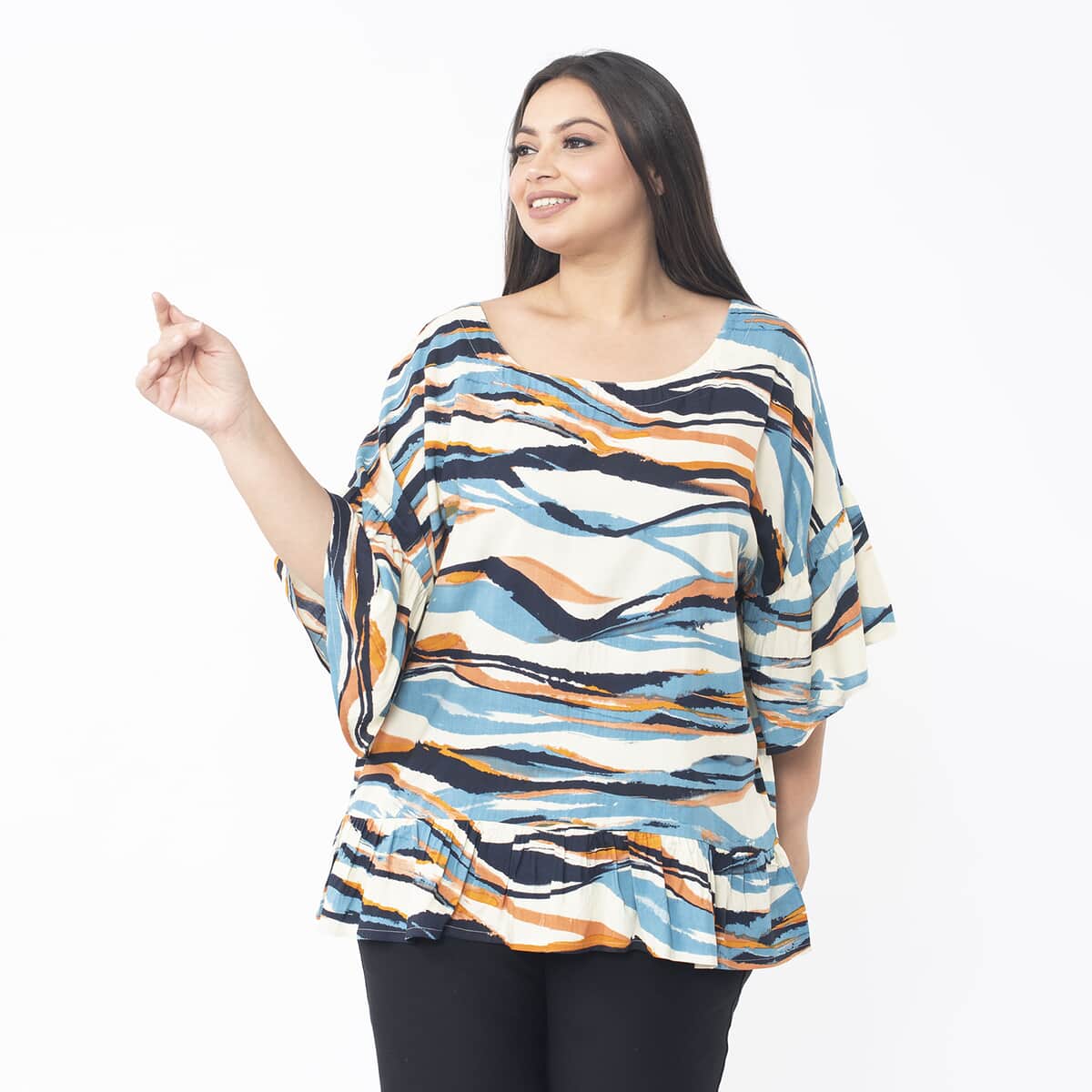 Tamsy Multi Color Wave Top with Frill on Sleeve Opening and Hem - One Size Fits Most image number 2