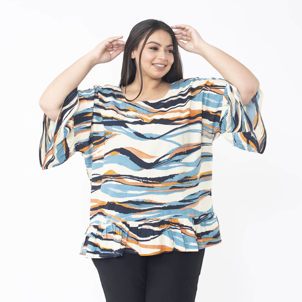 Tamsy Multi Color Wave Top with Frill on Sleeve Opening and Hem - One Size Fits Most image number 3