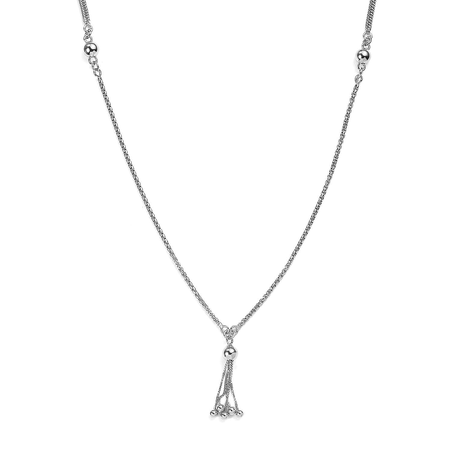 Platinum Over Sterling Silver Link Chain Tassel Necklace 20 Inches 10.40 Grams
