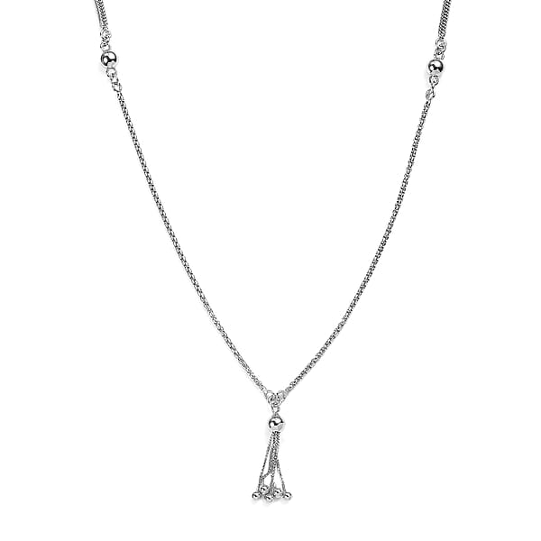 Platinum Over Sterling Silver Link Chain Tassel Necklace 20 Inches 10.40 Grams