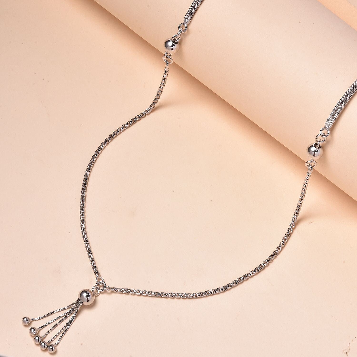 Platinum Over Sterling Silver Link Chain Tassel Necklace 20 Inches 10.40 Grams